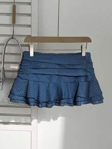 Elamini Falda mini de vacaciones dulce con decoración de lunares y volantes plisados y en capas - Azul - View 2