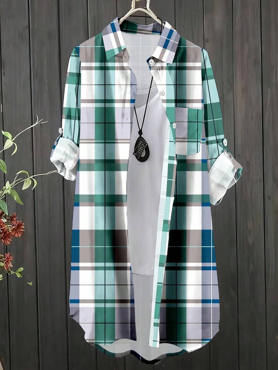 Linhara 大码前扣长袖格子休闲长款衬衫 - 綠色 - 查看 1