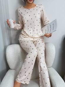 SHEIN 心形纹理休闲保暖长袖上衣和裤子女士睡衣套装，秋冬服装，舒适保暖 - 杏色 - 查看 5