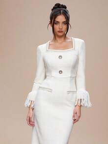 Modelyn Elegant midiklänning med fransar och manschetter för kvinnor - Aprikos - Visa 1