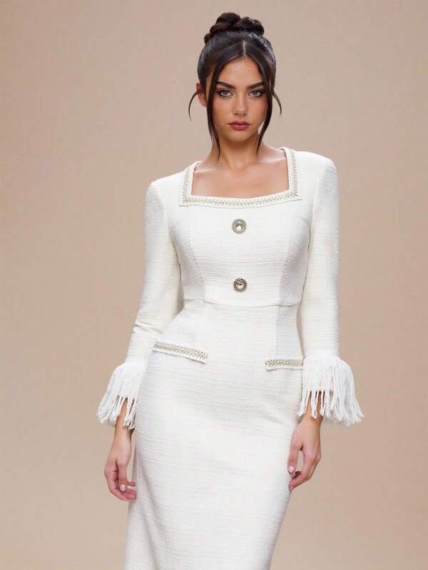 NOVVYNE Elegantes Pendler-Midikleid mit Fransen-Manschette für Damen