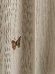 SHEIN Clasi Plus Size Women's Solid Color Knitted Butterfly Embroidered Long Sleeve Casual Cardigan, Winter - Khaki - View 4
