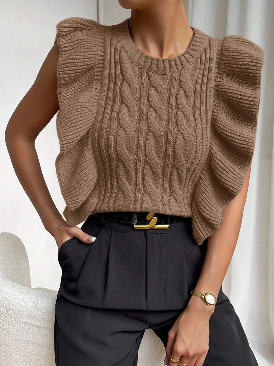 SHEIN LUNE Chaleco de punto con volantes de unicolor para mujer, adecuado para ir al trabajo - Café integral - Ver 1