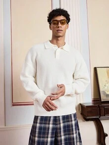 SWAVVY Men's Casual Solid Color Drop Shoulder Long Sleeve Polo Sweater, Autumn/Winter - White - View 4