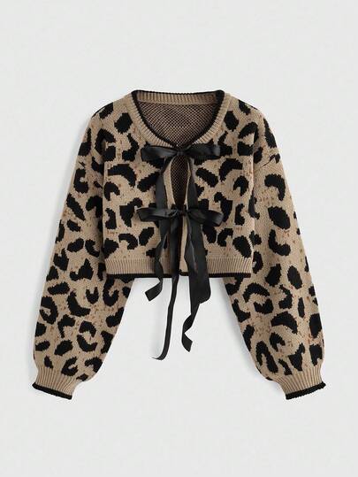 Kawaii كارديجان نسائي Y2K بنمط نمر وفيونكة، متعدد الاستخدامات وكاجوال