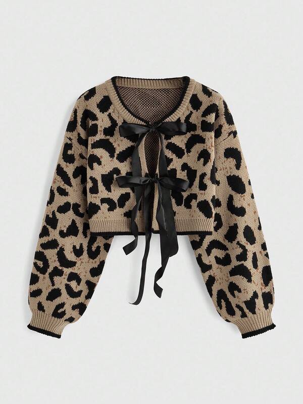 ROMWE Kawaii Cárdigan casual y versátil con estampado de leopardo y lazo para mujer, estilo Y2K