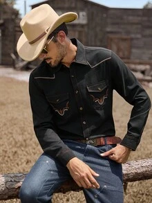 Manfinity Nomadique 男士刺绣设计单排扣休闲长袖衬衫，秋季 - 黑色 - 查看 4