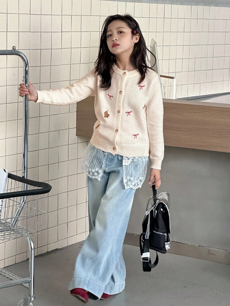 Tween Girls' Casual Cardigan With Bow & Cartoon Dog Embroidery, Long Sleeve, Autumn/Winter