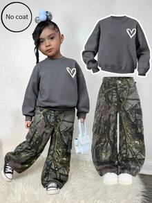 SHEIN Young Girl Y2K 迷彩與樹枝印花寬鬆版型拉鍊牛仔褲，秋季服飾、冬季服飾、街頭穿搭、返校穿搭 - 軍綠色 - 查看 2