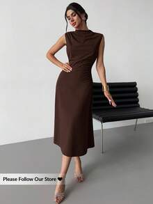 Firerie 女士优雅简约精致浪漫甜美日常通勤婚礼派对音乐节度假褶皱 A 字迷你连衣裙，红色吊带背心 - 咖啡棕 - 查看 3