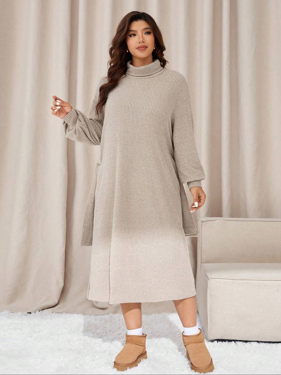 Auralis Vestido casual de manga larga y cuello alto de unicolor para mujer de talla grande