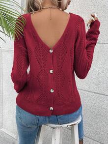 SHEIN LUNE 女式休闲V领镂空设计落肩长袖毛衣，秋冬 - 紅色 - 查看 3