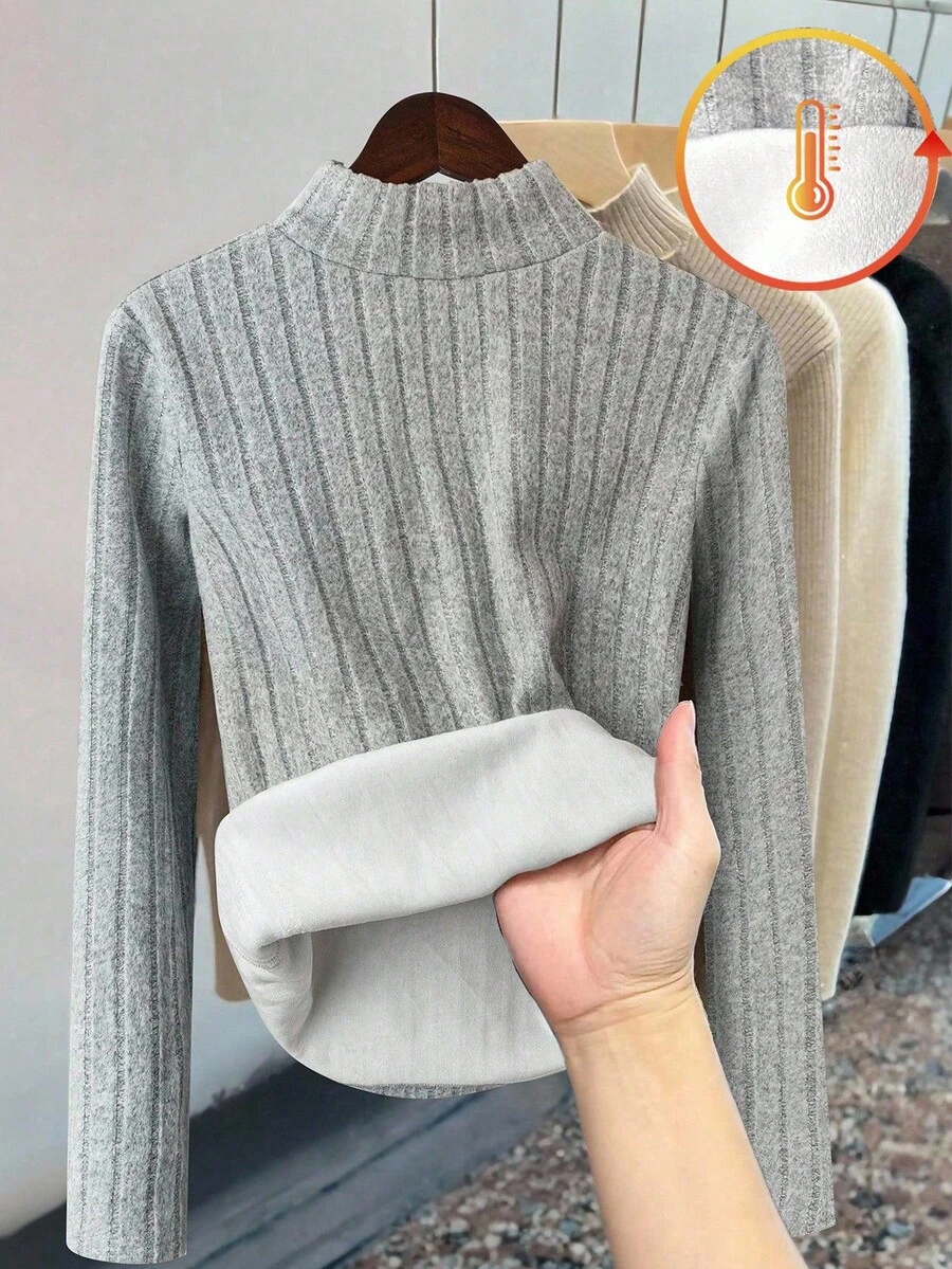 SHEIN 青少年女孩罗纹纹理保暖内衬长袖 T 恤、日常穿着必备修身分层 T 恤、秋冬长袖上衣、女孩上衣、灰色紧身保暖内衣、秋冬必备保暖内衬打底长袖 T 恤