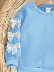2pcs Baby Girl Cute Blue Bow Long Sleeve Sweatshirt & Elastic Waist Pants Set, Autumn/Winter - Blue - View 8