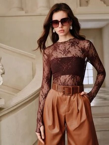 Savoree Camisa de manga larga sexy para mujer en encaje transparente de unicolor - Café integral - Ver 4