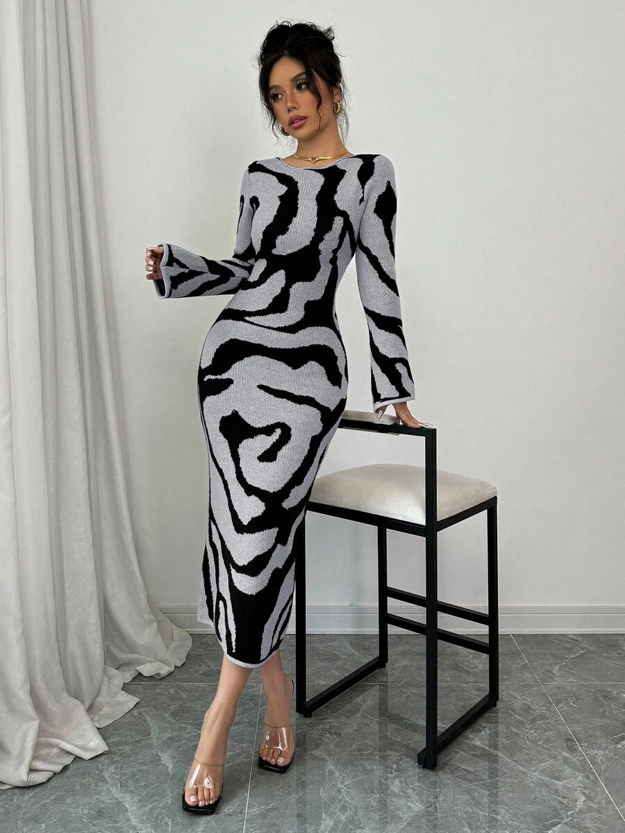 Elenzga 女式秋季图案喇叭袖修身优雅针织连衣裙 - 灰色 - 查看 1