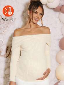 Loomaby Maternity Solid Color Twist Knot Off Shoulder Ribbed Long Sleeve Sweater - Apricot - View 1