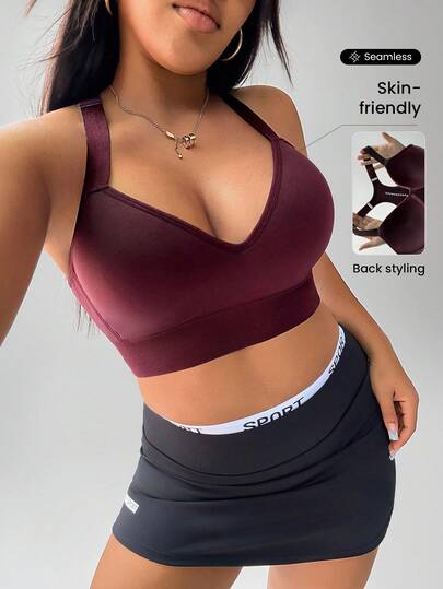 Easithlete Plus Size Women's Solid Color Everyday Fitness Seamless Sports Bra Deer Burgundy Sports Bra Gym Sport Bra Women Sport Bra Set Yoga Top With Bra Harley Quin V Neck Sports Bra
