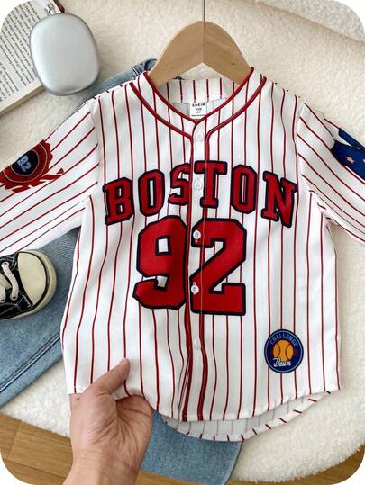 Baby Boy/Girl/Toddler Red & White Striped Baseball Jacket, Long Sleeve Shirt, Comfortable Casual Versatile Fashion Daily Cute Sporty Numeric & Letter Graphic Tops, Suitable For Indoor, Outdoor, Daily, Sports, Play, Party, Photo Shoot, Holidays In Autumn/Winter Season Baby Boy Baseball Shirt Infant Baseball Jersey Baby Baseball Jersey Baby Boy Jersey Toddler Baseball Jersey Fall