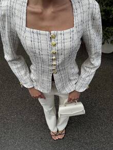 Pariaura 女士格子法式优雅方领腰部收紧金属花朵纽扣夹克 - 杏色 - 查看 4