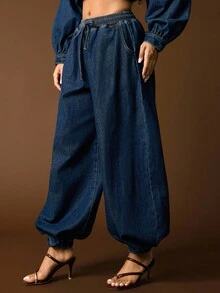 Vixey 松紧腰带抽绳卷边牛仔慢跑裤 - 中等水洗藍 - 查看 4