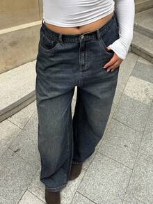 Dazy Plus Washed Distressed Loose Straight Leg Dark Wash Blue Long Jeans, Autumn