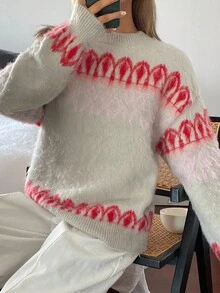 DAZY Women's Ombre Jacquard Loose Fit Crew Neck Long Sleeve Elegant Knit Sweater, Autumn/Winter