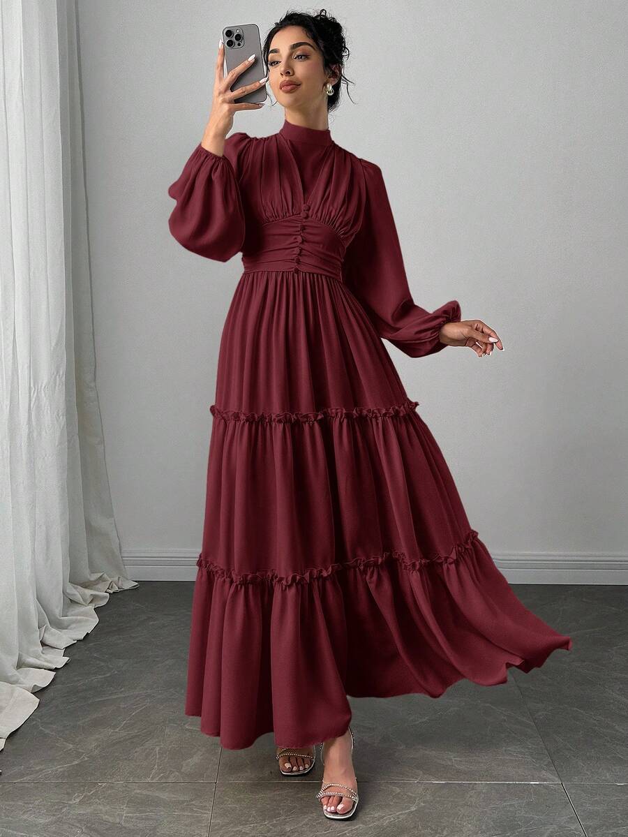 Veilorie Women's Solid Color Stand Collar Lantern Sleeve Waist Ruched Flounce Hem Elegant Dress