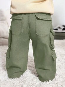 SHEIN 幼儿/男婴时尚复古设计做旧多口袋宽松棕色牛仔裤，休闲百搭，适合婴儿秋冬户外服装 - 軍綠色 - 查看 2