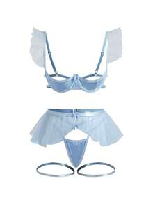 Fantasy Costume Bộ đồ lót 5 món màu xanh nhạt trong suốt lãng mạn ngây thơ, họa tiết bướm, thích hợp cho ngày lễ tình nhân, Halloween, nhập vai, công chúa băng giá, gợi cảm, Giáng sinh - Màu xanh nhạt - Xem 7