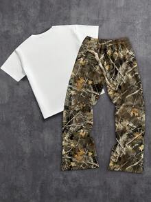 Manfinity EMRG Men's Spider Letter Print Loose Short Sleeve T-Shirt And Camouflage Pants Set