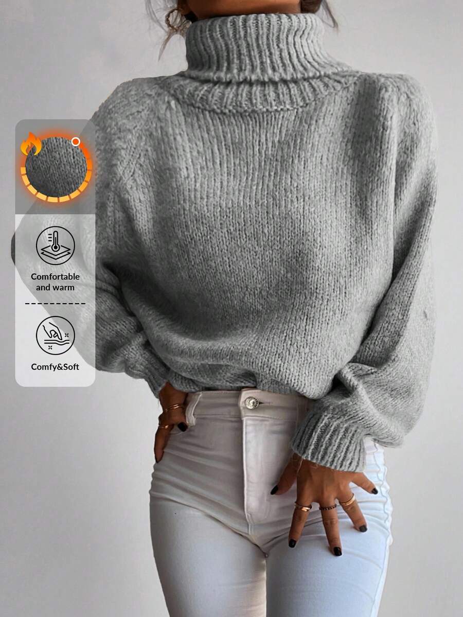 Cloudara Jersey cuello alto de manga raglán tejido de canalé - Gris - Ver 1