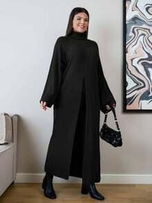 EURMUSE Plus Size Women High Neck Long Sleeve Split Hem Long Sweater - Hitam - View 3