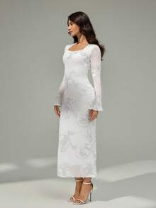 Modelyn Váy dài vừa phải co giãn vải jacquard thanh lịch thời trang dành cho nữ - trắng - Xem 6