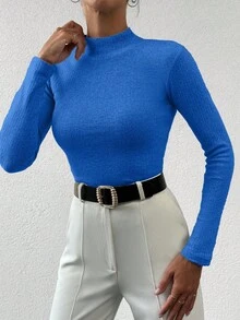 EURMUSE Women's Casual Minimalist Basic Solid Color Mock Neck Sweater Office Royal Blue Autumn - Blue - View 4