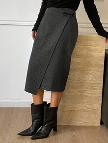 Livesso Rok Kantor Kasual Wanita untuk Perjalanan Kerja, Desain Longgar, Hem Asimetris, Penutup Kancing, Warna Polos, Bergaya untuk Musim Gugur & Musim Dingin - Dark Grey - View 7