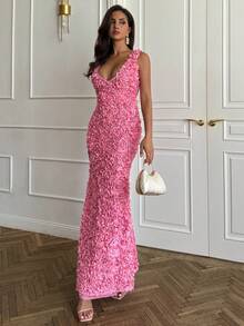 SHEIN BAE 秋季/纯粉色/性感深 V 修身透视紧身 3D 碎花连衣裙 - 粉色 - 查看 1