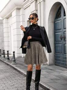 SHEIN LUNE 女式棕色格子条纹厚面料收腰A字裙，秋冬 - 棕色 - 查看 6