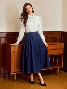 Vintamour 女士纯色优雅百褶时尚中长牛仔裙，藏蓝色秋冬新年派对裙 - 深色水洗藍 - 查看 4