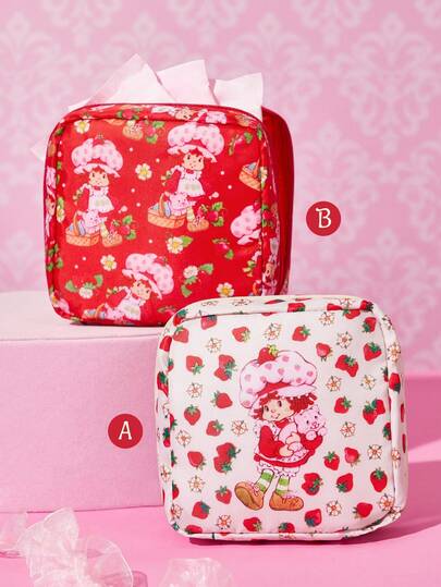 Strawberry Shortcake X SHEIN 1 pieza/1 set de bolsas de almacenamiento de fibra de poliéster con estampado de patrones de dibujos animados, que se pueden usar como bolsas de almacenamiento de higiene femenina, bolsas de almacenamiento digital, bolsas de almacenamiento de objetos pequeños, fresas, estilo pastoral, gatos, lindos