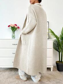 EURMUSE 女士口袋细节长款超大落肩开衫 - 奶油色 - 查看 2