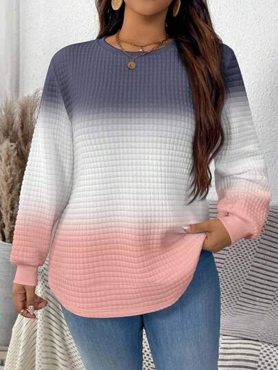 EMERY ROSE Sudadera de cuello redondo de punto de gofre minimalista casual con estampado degradado para mujeres de talla grande