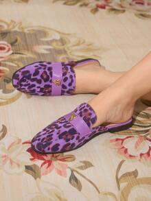 CUCCOO TILAWA Dép xỏ ngón đế vuông họa tiết da báo màu tím thanh lịch dành cho nữ có khóa kim loại hình đầu hổ (Mẫu giày giao ngẫu nhiên), phù hợp cho mùa xuân và mùa thu - Nhiều màu - Xem 6