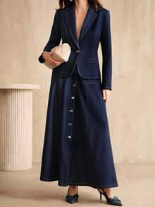 Anewsta Elegant Casual A-Line Denim Single-Breasted Skirt For Women - Blue - View 5