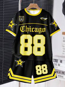 SHEIN Bộ 2 áo thun cổ tròn tay ngắn in họa tiết ngôi sao và quần short phong cách thể thao bóng chày cổ điển dành cho bé trai tuổi teen, số 88, chữ Gothic Chicago, thích hợp cho mùa hè - Nhiều màu - Xem 2