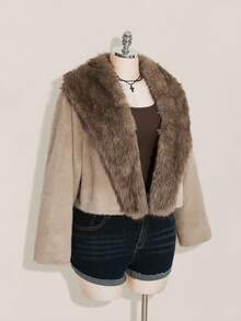 SHEIN ICON Plus Size Faux Fur Collar Jacket In Apricot, Warm Daily Wear For Autumn/Winter - Khaki - View 5