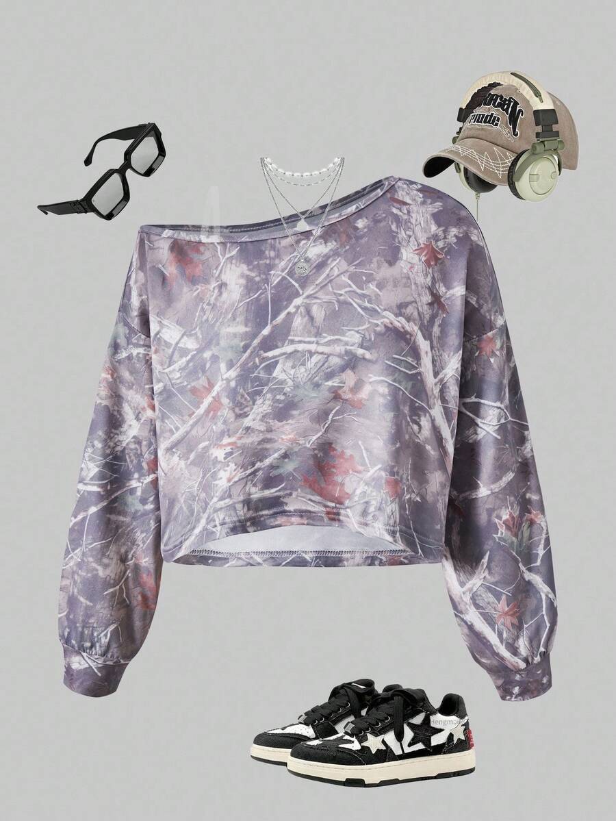 Fashionable Casual Oblique Shoulder Long Sleeve Grey T-Shirt For Tween Girls - Multicolor - View 1