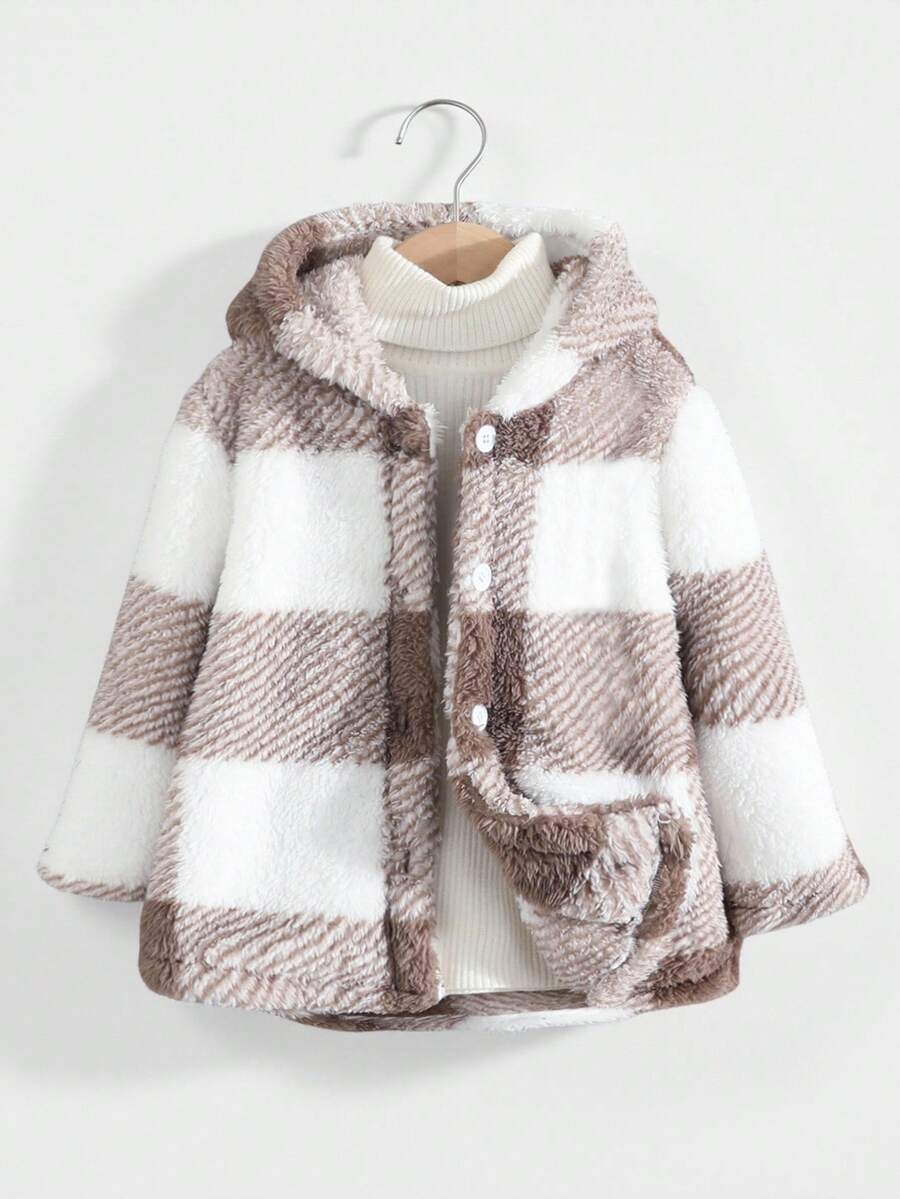 Sparklyn 女童爱心格纹印花保暖拉链外套，秋冬女童外套 - 卡其色 - 查看 1