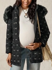 Boho Mama Maternity Bow Pattern Hooded Long Sleeve Padded Coat