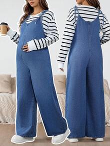 SHEIN Pregnant Fall Autumn Winter Halloween Christmas New Year Commuting Vacation Travel Old Money Style Fashionable Solid Retro Washed Women's Solid Color Knotted Strap Casual Denim Bib Pants And Blue Jumpsuit Women's Maternity Denim Overalls Adjustable Strap Wide Leg Jeans For Pregnancy Comfort